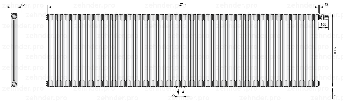 Схема (чертеж) Радиатор Zehnder Charleston 2150/59 №V008 Белый глянцевый RAL 9016